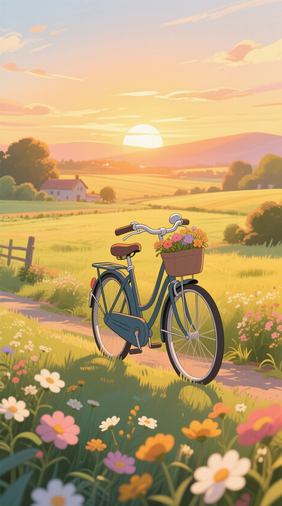 乡间自行车与花吉卜力风格夕阳温暖治愈插画 生成时间20260411