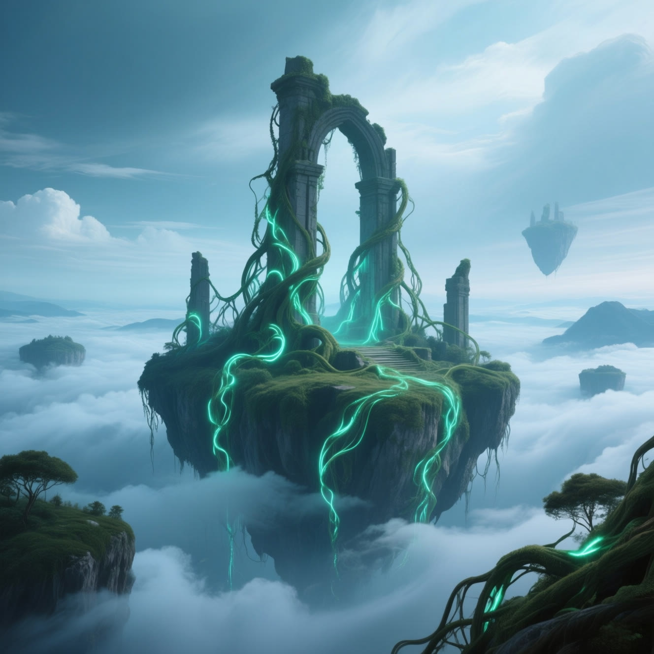 云海浮空岛遗迹发光藤蔓史诗奇幻场景 生成时间20260411