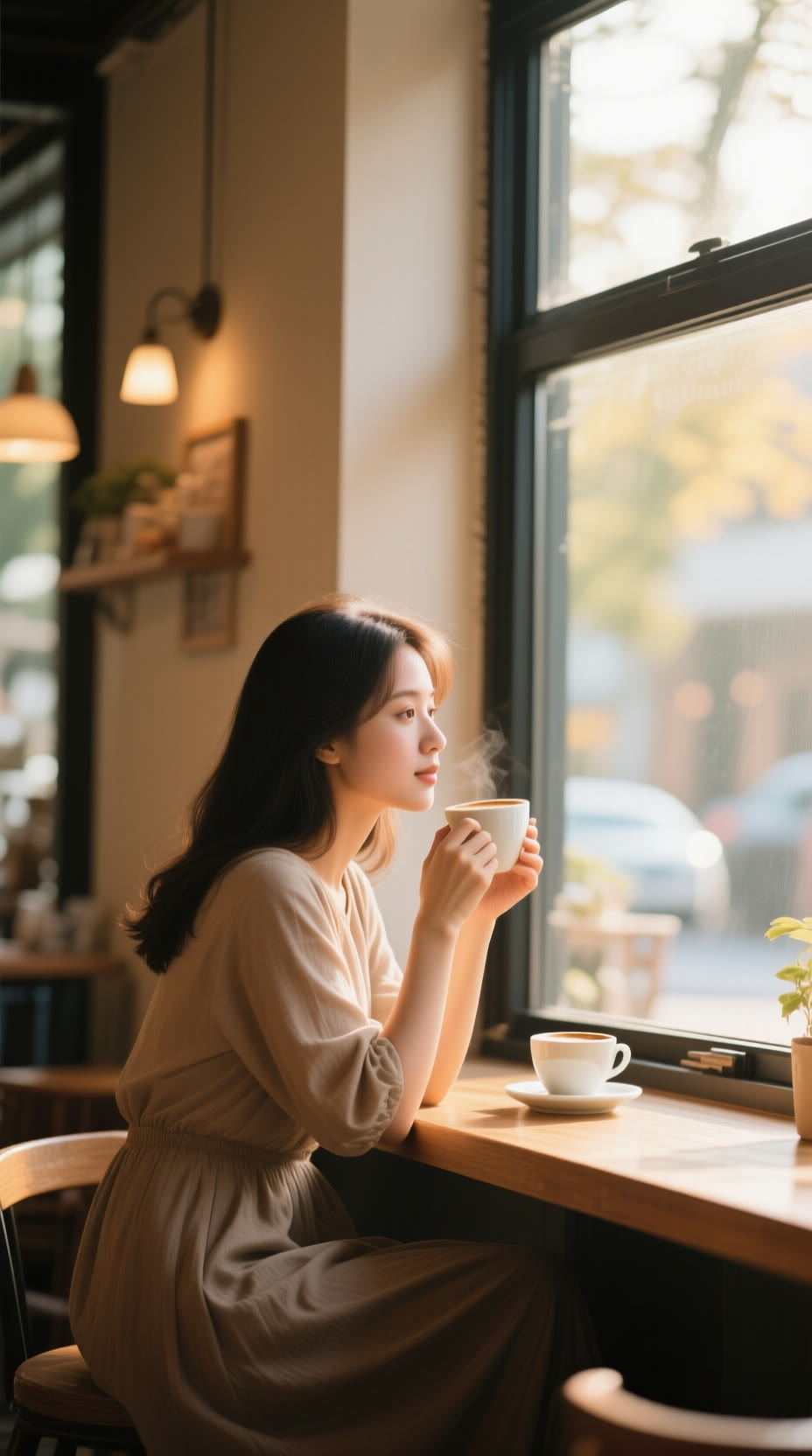 咖啡店窗边女性喝咖啡暖色自然光生活感人像 生成时间20260411