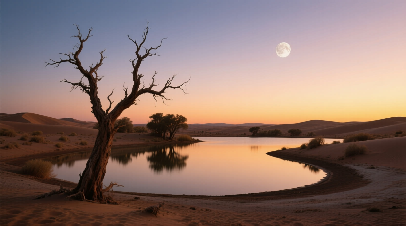 沙漠绿洲黄昏枯树与月牙湖国家地理风光 生成时间20260411