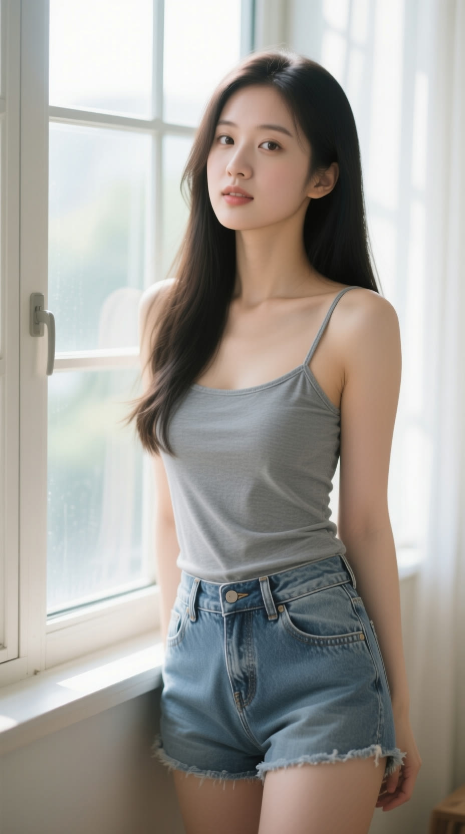 清晨窗边人像东亚女性长发灰色吊带牛仔短裤自然光iPhone质感 生成时间20260411