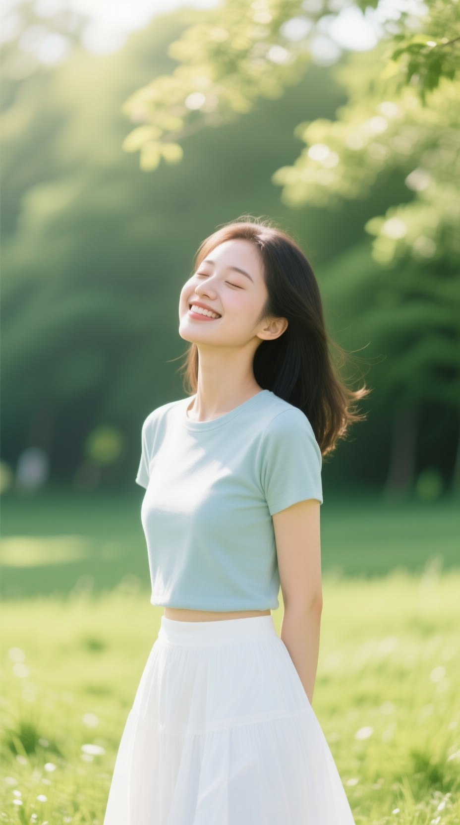 草地春日阳光短上衣白裙女性微笑闭眼清新治愈 生成时间20260411